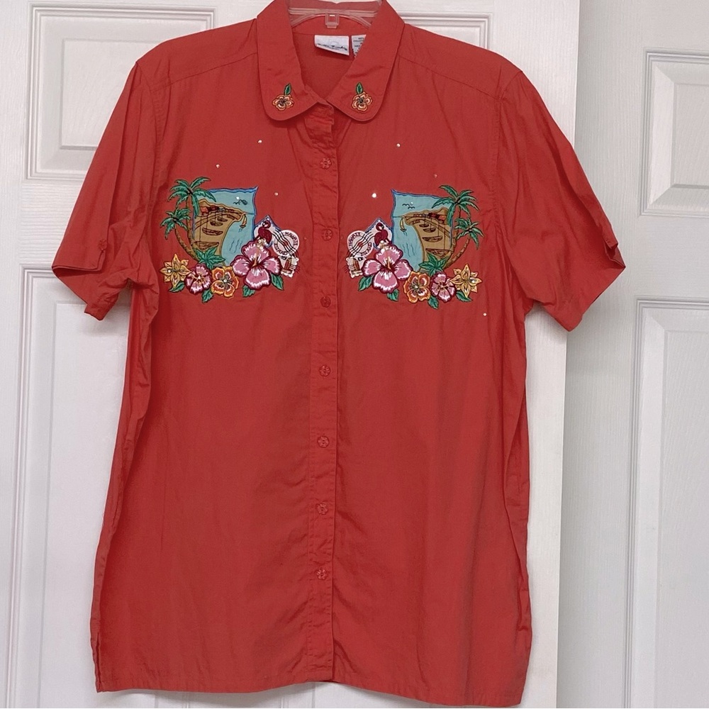 Vintage Bobbie Brooks Tropical Embroidered Button Front Camp Shirt Top Sz 14